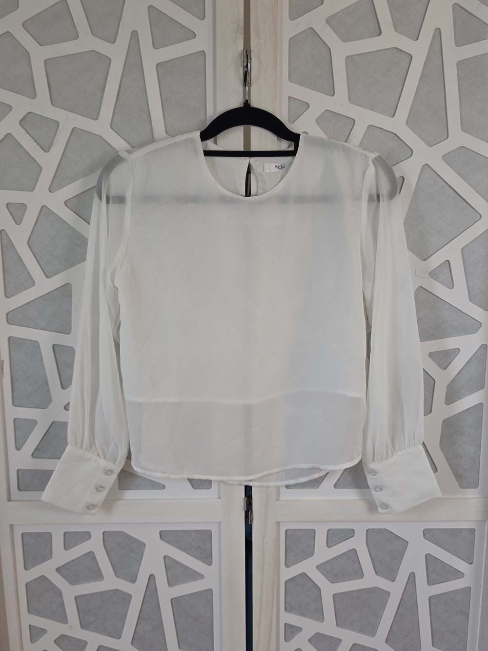 White Sheer Long-Sleeve Blouse with Button Cuffs